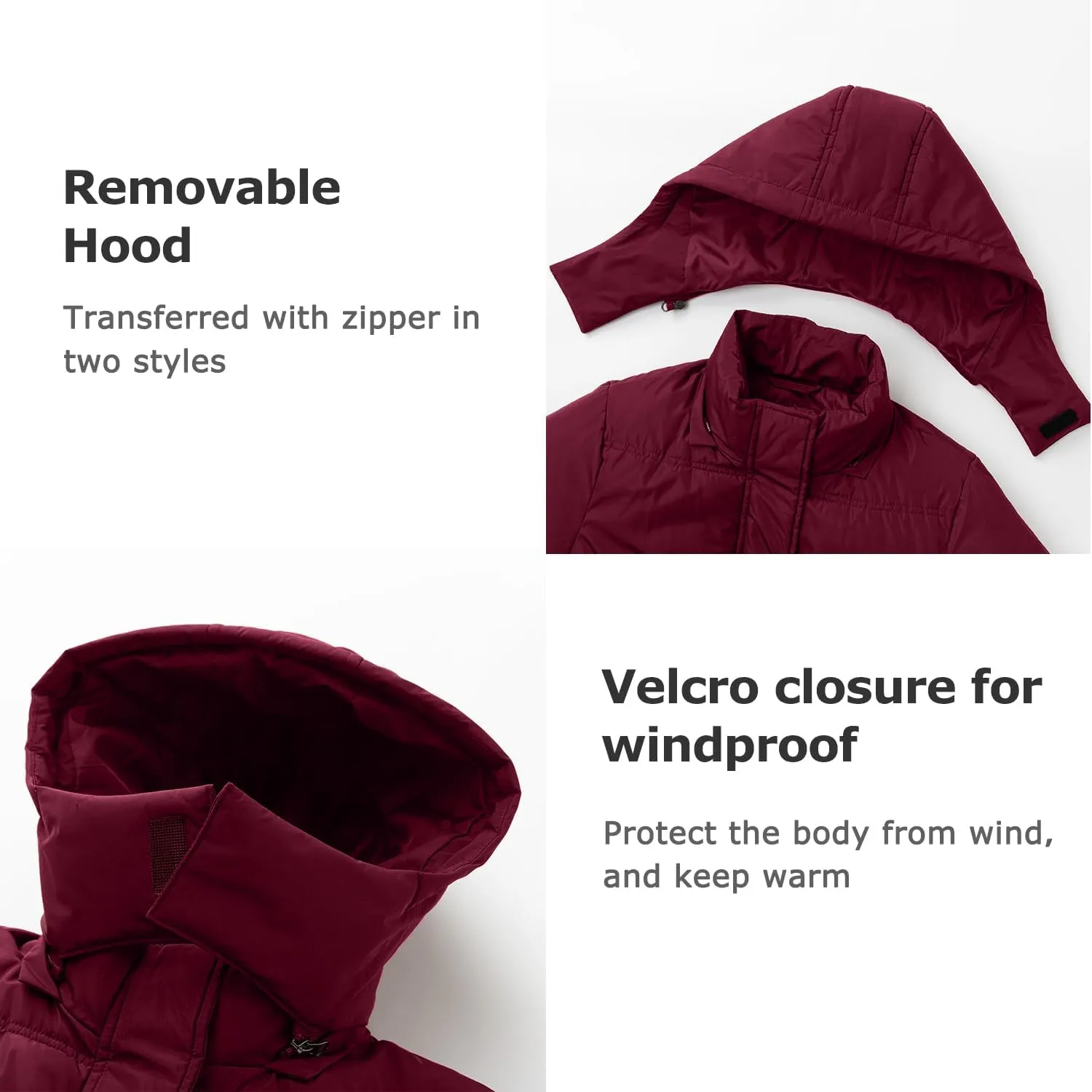 Women's Winter Warm Puffer Coat Cropped Slim Fit Down Jacket with Removable Hood Long Sleeve Lightweight Coats