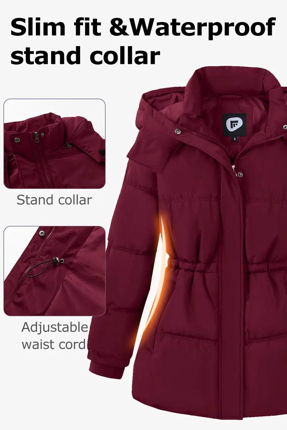 Women's Winter Warm Puffer Coat Cropped Slim Fit Down Jacket with Removable Hood Long Sleeve Lightweight Coats