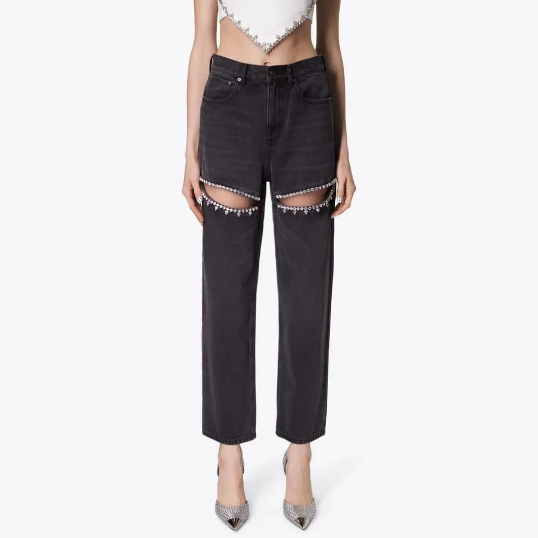 Women's Y2k Baggy Ripped Jeans High Waist Loose Rhinestone Distressed Wide Leg Pants for Women Streetwear