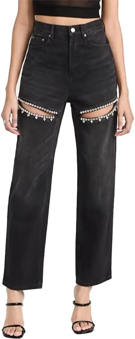 Women's Y2k Baggy Ripped Jeans High Waist Loose Rhinestone Distressed Wide Leg Pants for Women Streetwear