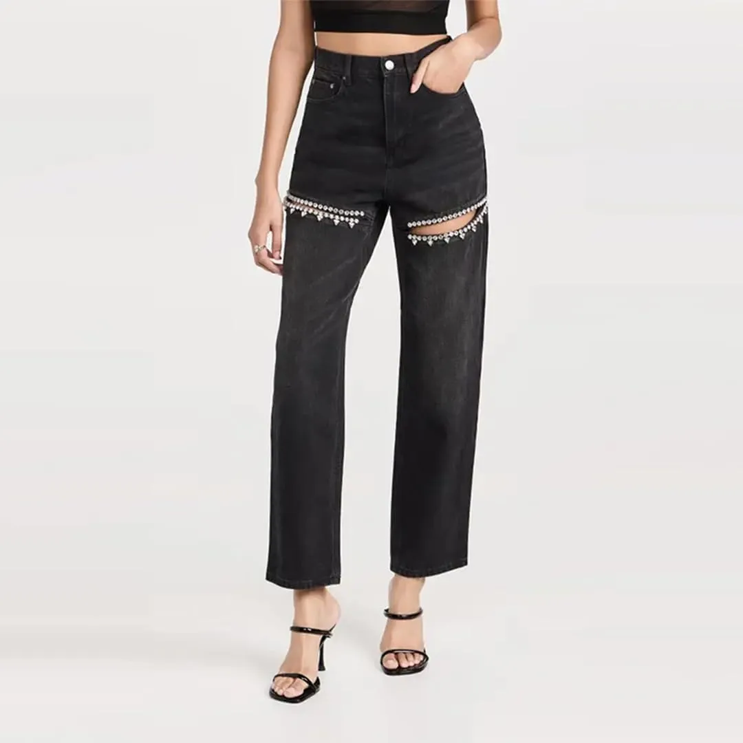 Women's Y2k Baggy Ripped Jeans High Waist Loose Rhinestone Distressed Wide Leg Pants for Women Streetwear