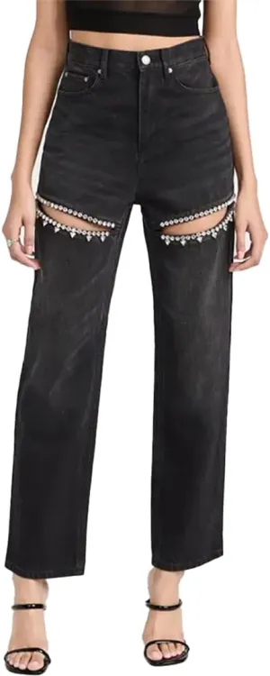 Women's Y2k Baggy Ripped Jeans High Waist Loose Rhinestone Distressed Wide Leg Pants for Women Streetwear