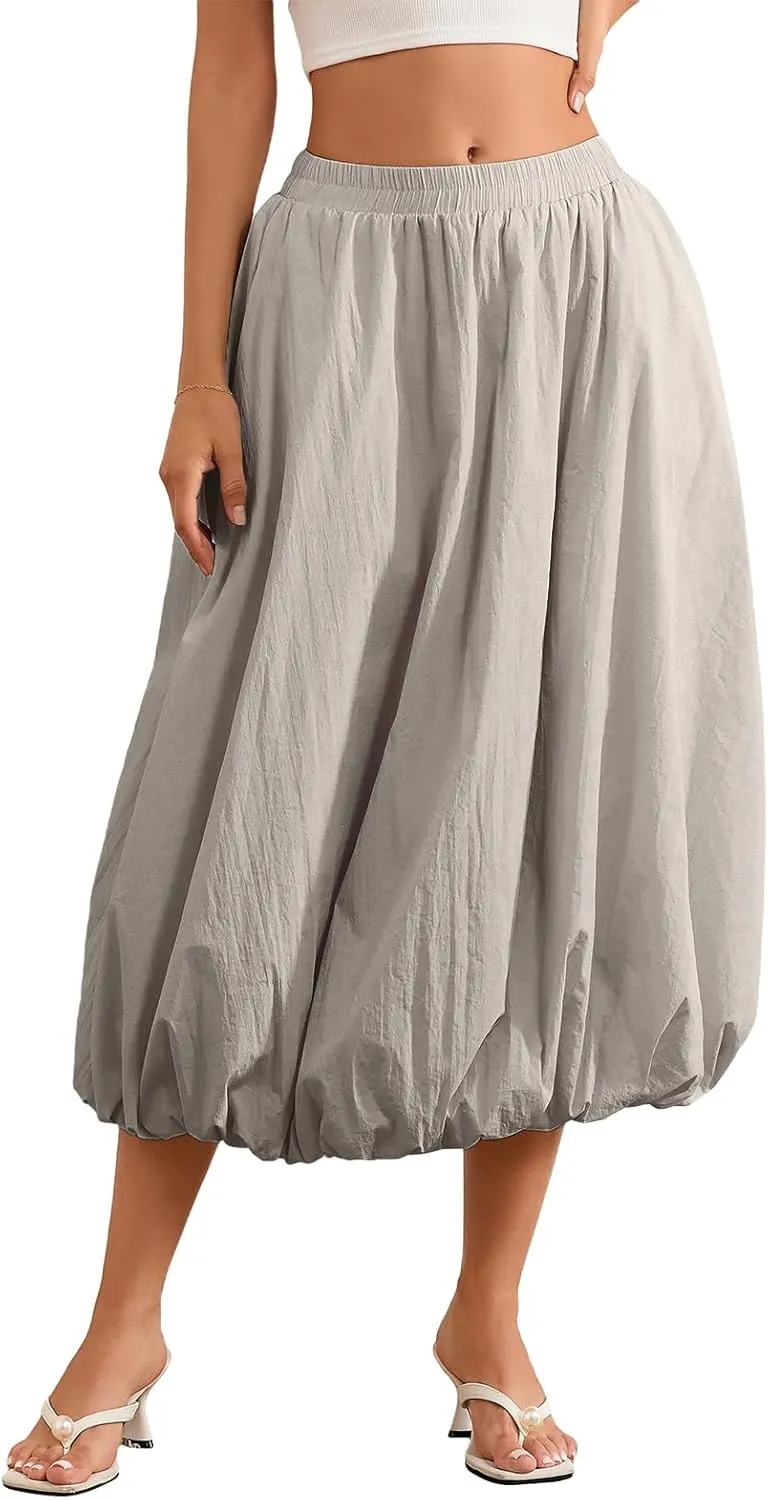 Women's Y2k Bubble Maxi Skirt Elastic Waist Puffy Hem Skirt Casual A Line Flowy Long Flower Bud Skirts