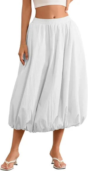 Women's Y2k Bubble Maxi Skirt Elastic Waist Puffy Hem Skirt Casual A Line Flowy Long Flower Bud Skirts