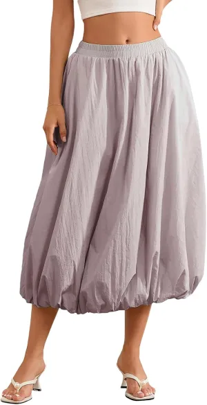 Women's Y2k Bubble Maxi Skirt Elastic Waist Puffy Hem Skirt Casual A Line Flowy Long Flower Bud Skirts