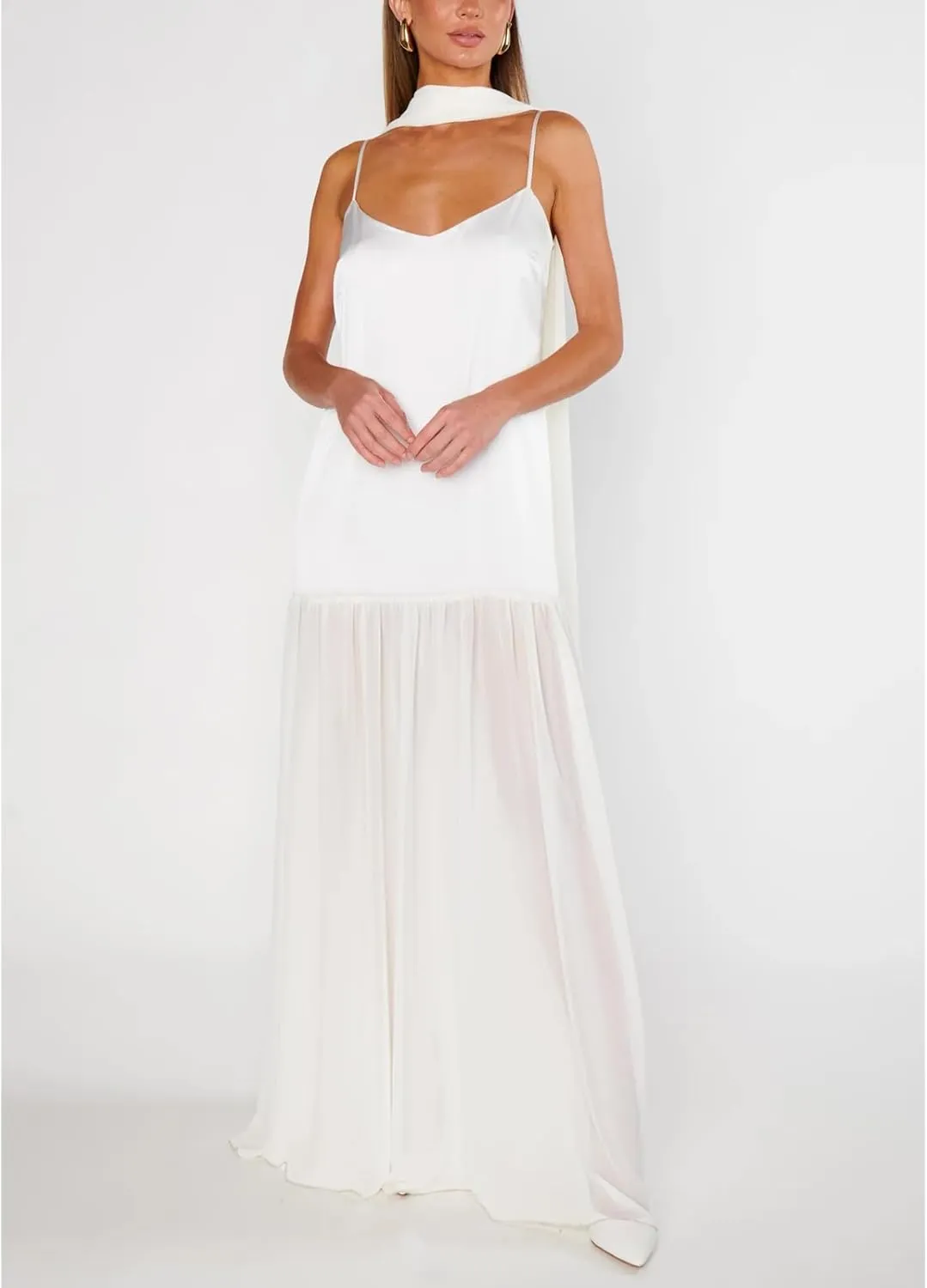 Womens Y2k Tube Strapless Pleated Maxi Dress with Scarf Maternity Silk Satin Formal Cocktail Ruffle Flowy Dresses