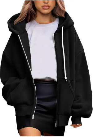 Women's Zip Up Hoodies Fleeced Long Sleeve Fall Coats Oversized Jackets With Pockets Tunic Casual Hooded Sweatshirt