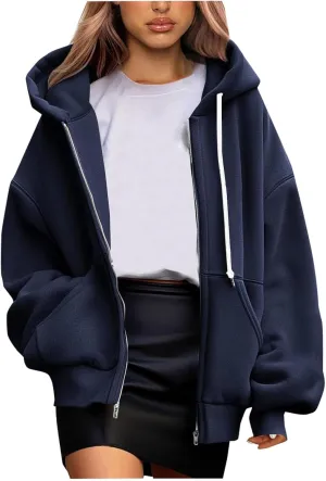 Women's Zip Up Hoodies Fleeced Long Sleeve Fall Coats Oversized Jackets With Pockets Tunic Casual Hooded Sweatshirt