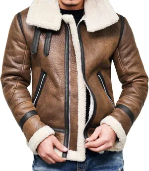 WUAI-Men Sherpa Jacket Fleece Lined Motorcycle PU Faux Leather Jacket Warm Zip Up Thickened Trucker Winter Pea Coats(Brown,X-Large)