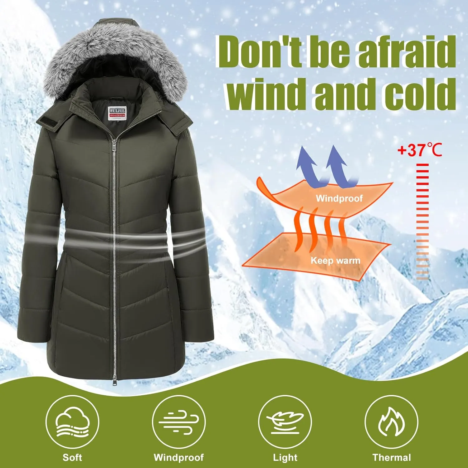 WULFUL Women's Winter Coats Long Warm Thicken Puffer Jackets Outwear With Removable Fur Hood