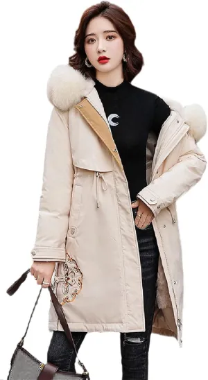 Wvapzxx Large Fur Collar Embroidered Cotton Jackets Winter Long Padded Down Jacket Women Parkers Thick Warm Coats