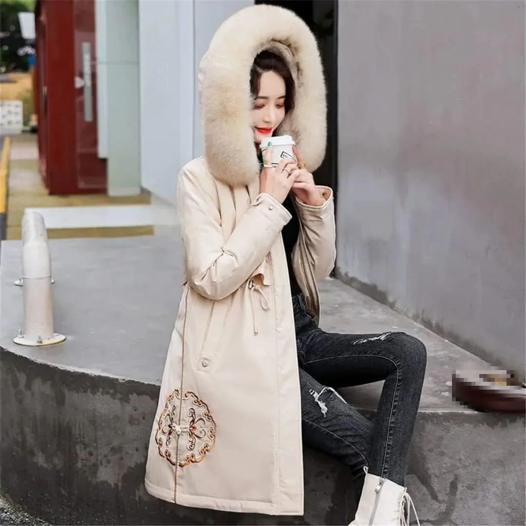 Wvapzxx Large Fur Collar Embroidered Cotton Jackets Winter Long Padded Down Jacket Women Parkers Thick Warm Coats