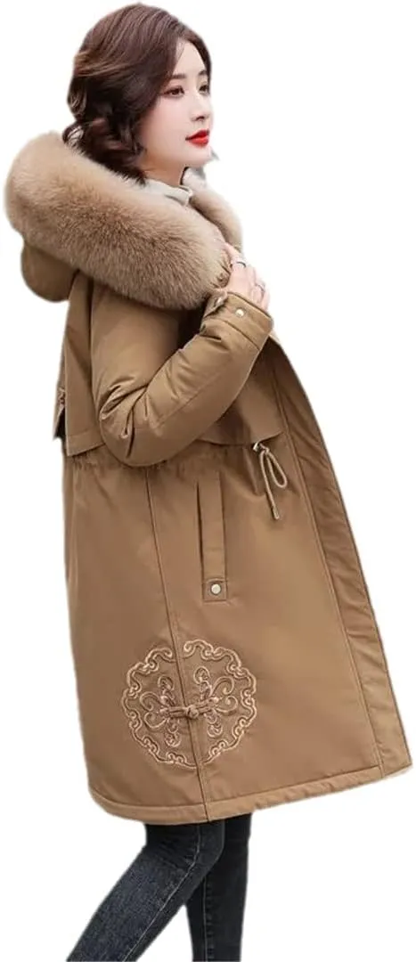 Wvapzxx Large Fur Collar Embroidered Cotton Jackets Winter Long Padded Down Jacket Women Parkers Thick Warm Coats
