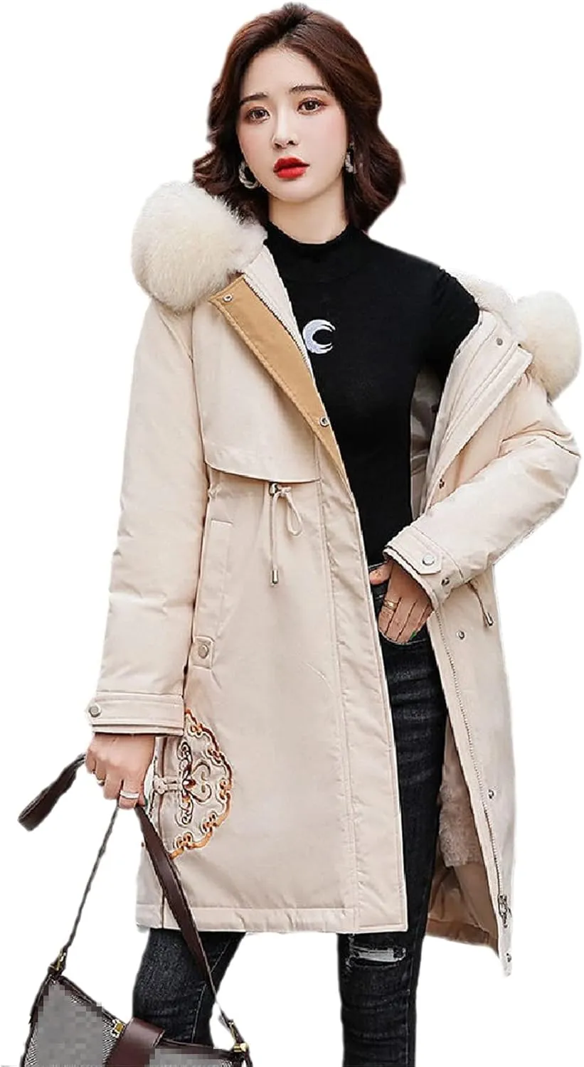 Wvapzxx Large Fur Collar Embroidered Cotton Jackets Winter Long Padded Down Jacket Women Parkers Thick Warm Coats