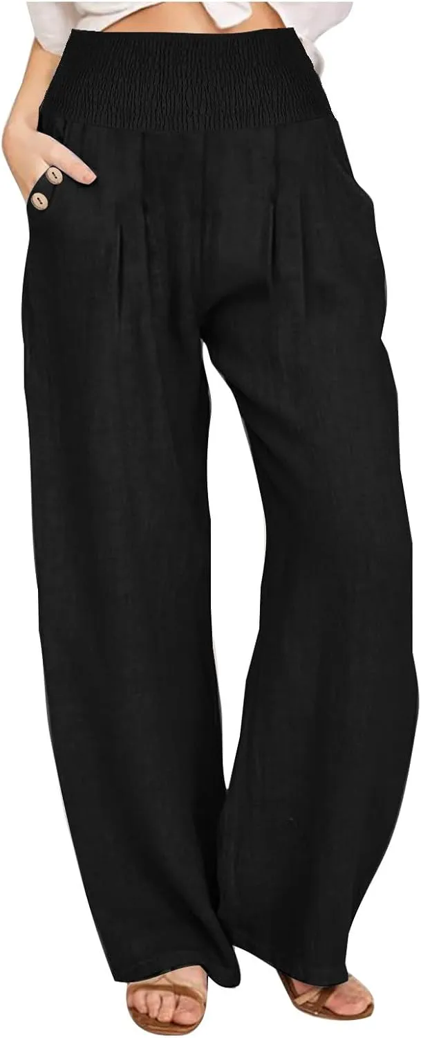 Xiaojmake Women's Summer Cotton Linen Pants Wide Leg Casual Drawstring High Waist Palazzo Pants Loose Trouser with Pockets Black-b