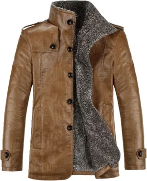 XYGJZ Men's Fleece Leather Jacket Sherpa Lined Stand Collar PU Faux Leather Motorcycle Coat Winter Oversized Thicken Outwear