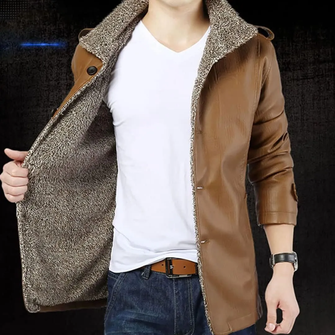 XYGJZ Men's Fleece Leather Jacket Sherpa Lined Stand Collar PU Faux Leather Motorcycle Coat Winter Oversized Thicken Outwear