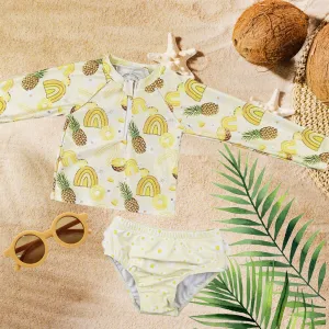 Yellow Pineapple Rainbow - 2 Pc - Long Sleeve Swimsuit