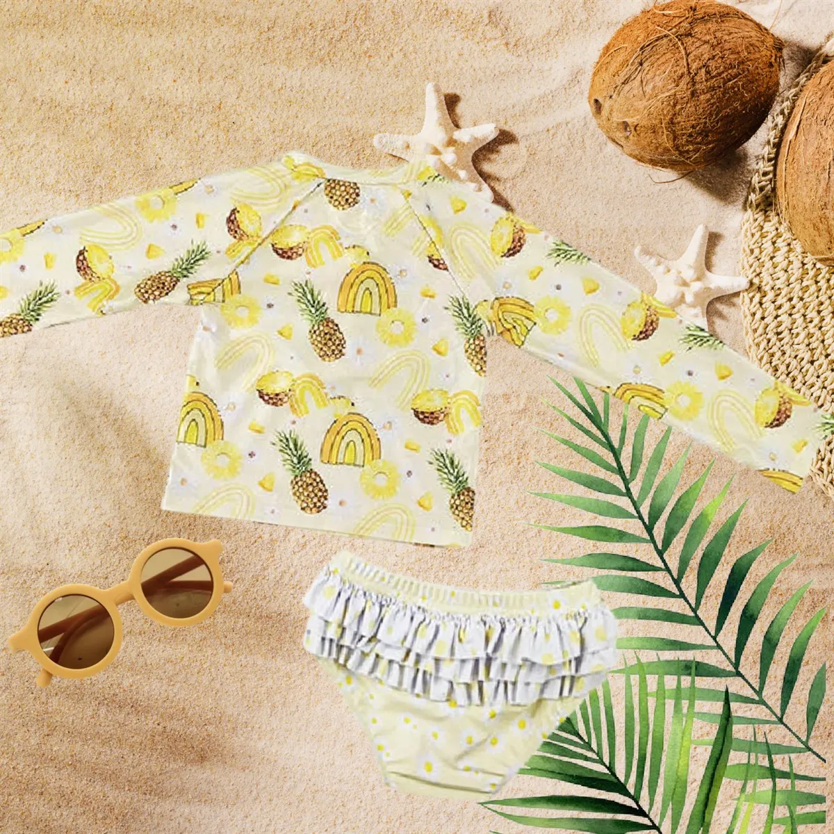 Yellow Pineapple Rainbow - 2 Pc - Long Sleeve Swimsuit