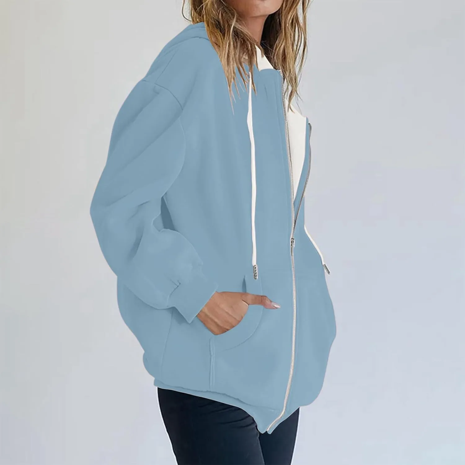 Yesunpxs Womens Zip Up Hoodies Trendy Oversized Casual Long Sleeve Drawstring Hooded Sweatshirts Y2k Drawstring Jacket Coats