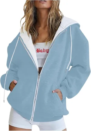 Yesunpxs Womens Zip Up Hoodies Trendy Oversized Casual Long Sleeve Drawstring Hooded Sweatshirts Y2k Drawstring Jacket Coats