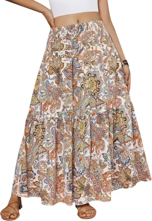 YHYJMY Women's Boho Skirt Elastic High Waist Pleated A-Line Flared Maxi Skirts Womens Flowy Long Skirts