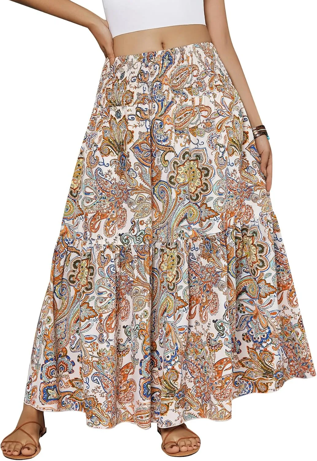 YHYJMY Women's Boho Skirt Elastic High Waist Pleated A-Line Flared Maxi Skirts Womens Flowy Long Skirts