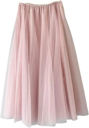 YIOLEAMP Women Mesh Elastic Waist Tutu Skirt Sweet Bridesmaids Pleated Midi Skirts