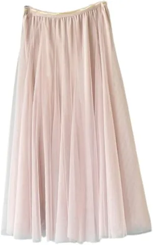 YIOLEAMP Women Mesh Elastic Waist Tutu Skirt Sweet Bridesmaids Pleated Midi Skirts