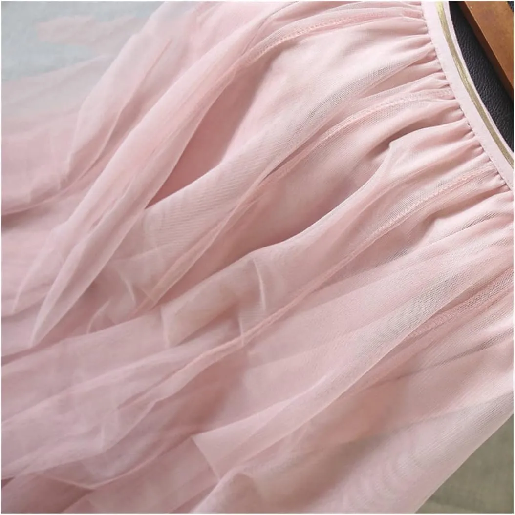 YIOLEAMP Women Mesh Elastic Waist Tutu Skirt Sweet Bridesmaids Pleated Midi Skirts