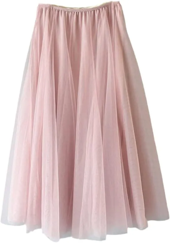 YIOLEAMP Women Mesh Elastic Waist Tutu Skirt Sweet Bridesmaids Pleated Midi Skirts