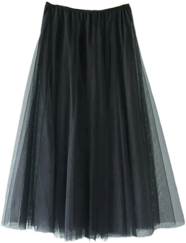 YIOLEAMP Women Mesh Elastic Waist Tutu Skirt Sweet Bridesmaids Pleated Midi Skirts
