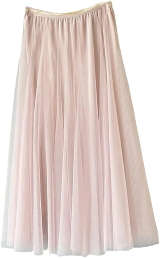 YIOLEAMP Women Mesh Elastic Waist Tutu Skirt Sweet Bridesmaids Pleated Midi Skirts