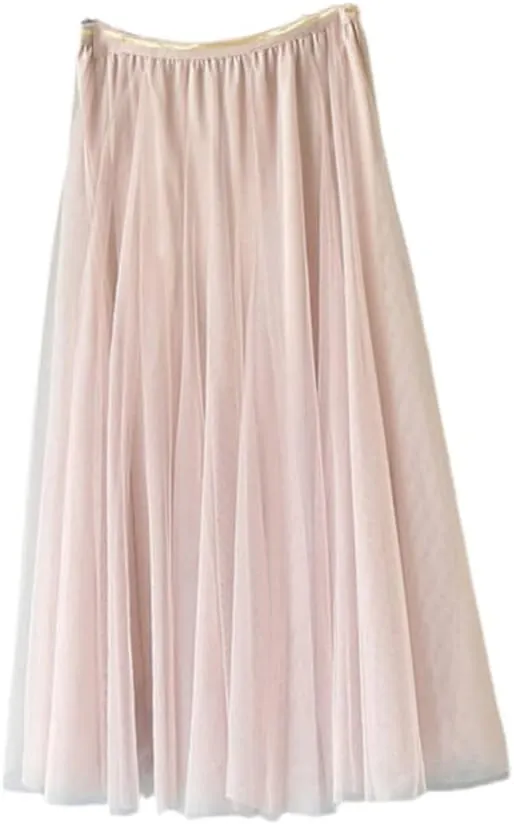 YIOLEAMP Women Mesh Elastic Waist Tutu Skirt Sweet Bridesmaids Pleated Midi Skirts