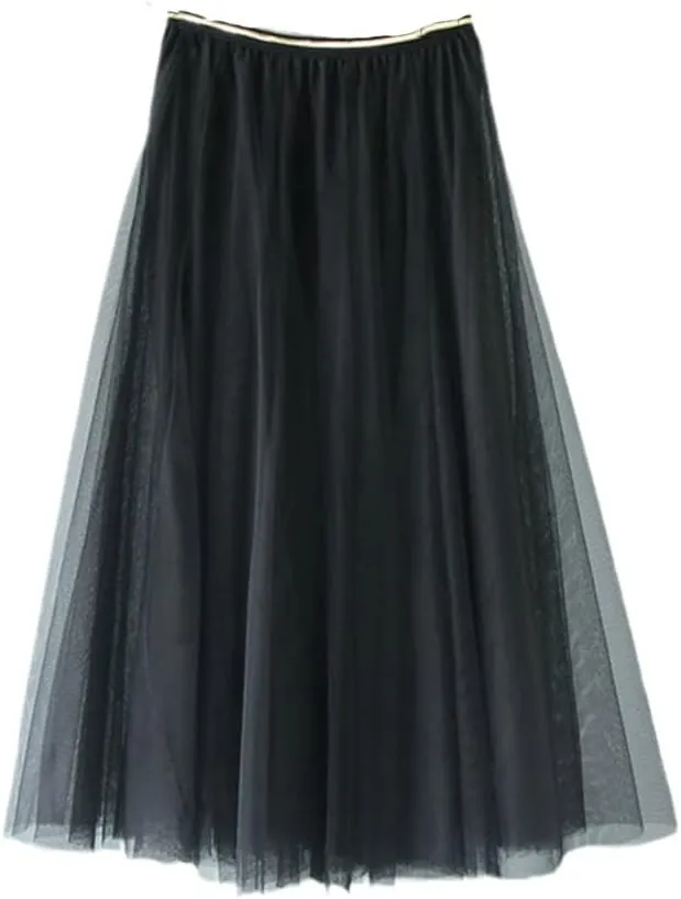 YIOLEAMP Women Mesh Elastic Waist Tutu Skirt Sweet Bridesmaids Pleated Midi Skirts
