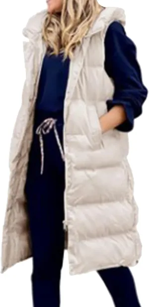 YMING Womens Winter Long Puffer Vest Sleeveless Solid Color Vest Coats Puffy Jacket with Hood