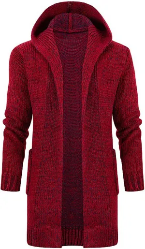 Ymosrh Mens Coats and Jackets Solid Color Knitted Coat Hooded Long Windbreaker Cardigan Medium Length Sweater Coat