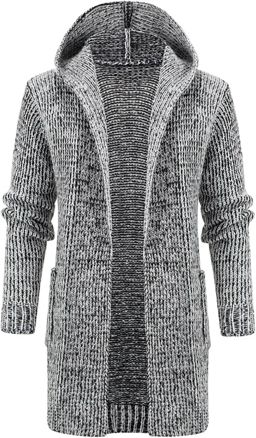 Ymosrh Mens Coats and Jackets Solid Color Knitted Coat Hooded Long Windbreaker Cardigan Medium Length Sweater Coat