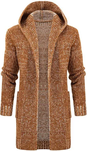 Ymosrh Mens Coats and Jackets Solid Color Knitted Coat Hooded Long Windbreaker Cardigan Medium Length Sweater Coat