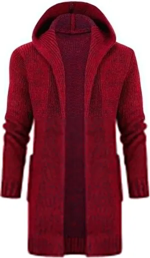 Ymosrh Mens Coats and Jackets Solid Color Knitted Coat Hooded Long Windbreaker Cardigan Medium Length Sweater Coat