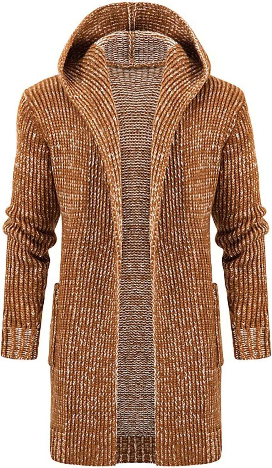 Ymosrh Mens Coats and Jackets Solid Color Knitted Coat Hooded Long Windbreaker Cardigan Medium Length Sweater Coat