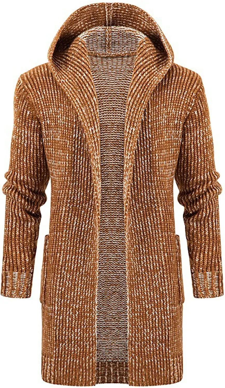 Ymosrh Mens Coats and Jackets Solid Color Knitted Coat Hooded Long Windbreaker Cardigan Medium Length Sweater Coat