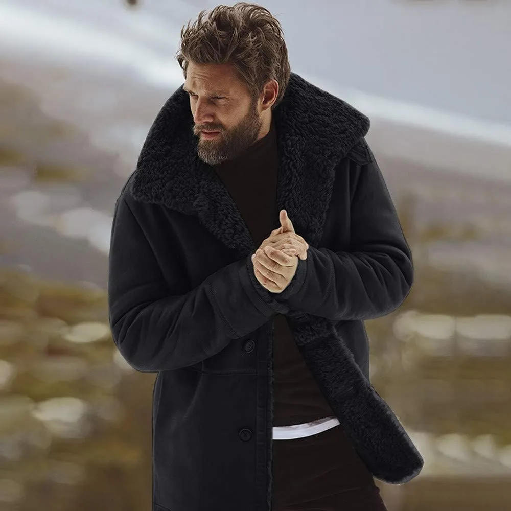 Ymosrh Mens Leather Jacket Winter Sheepskin Jacket Warm Wool Lined Mountain Faux Lamb Jackets Coat Flannel Jacket