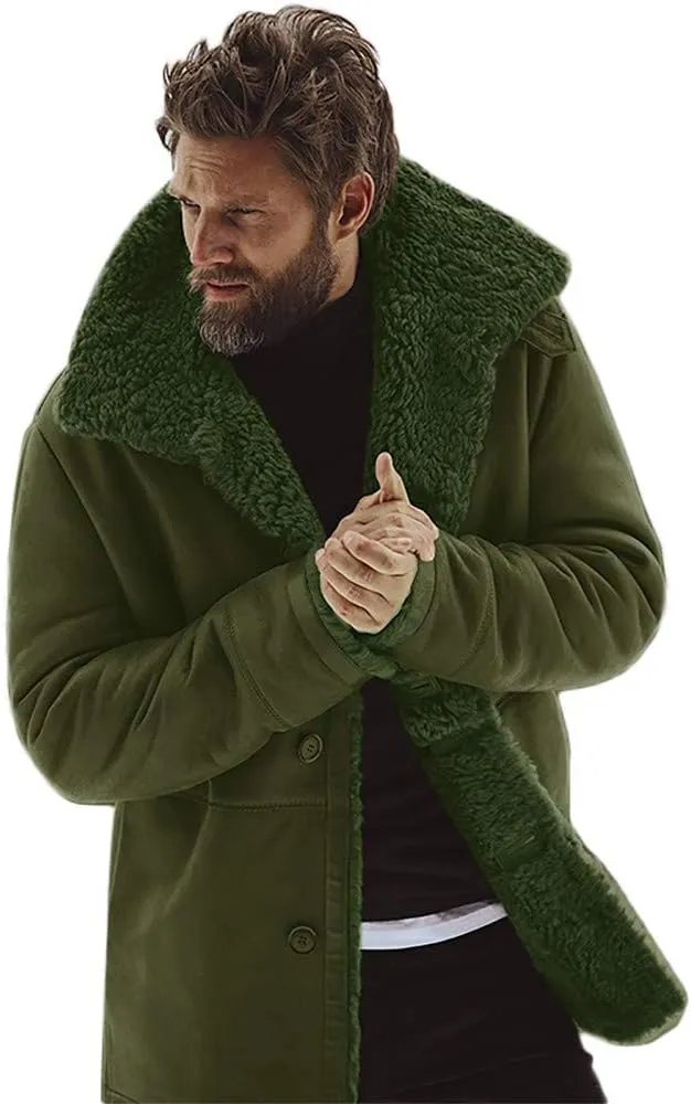 Ymosrh Mens Leather Jacket Winter Sheepskin Jacket Warm Wool Lined Mountain Faux Lamb Jackets Coat Flannel Jacket