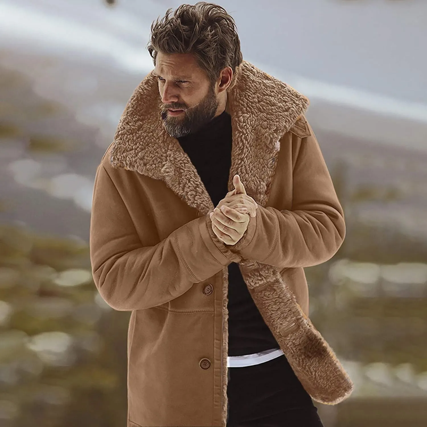 Ymosrh Motorcycle Jacket Men Sheepskin Jacket Warm Wool Lined Mountain Faux Lamb Jackets Coat Mens Leather Jacket