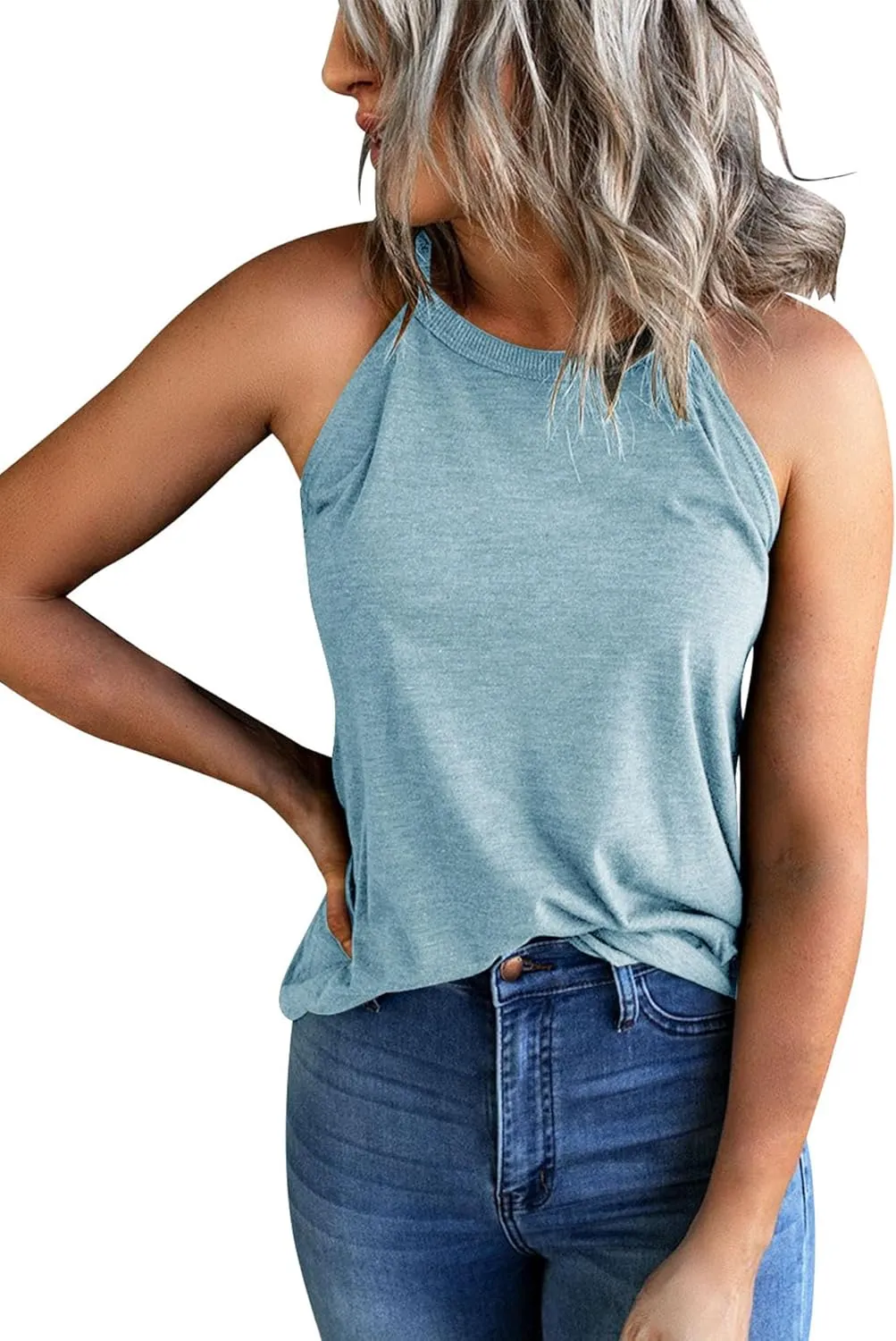 Yuccalley Women's Halter Tank Tops Summer Sleeveless Racerback Shirts High Neck Casual Camis