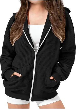 ZDRZK Girls Oversized Sweatshirt Long Sleeve Full Zip Casual Hooded Sweatshirts Fashion Teen Girl Y2K Jacket with Pockets