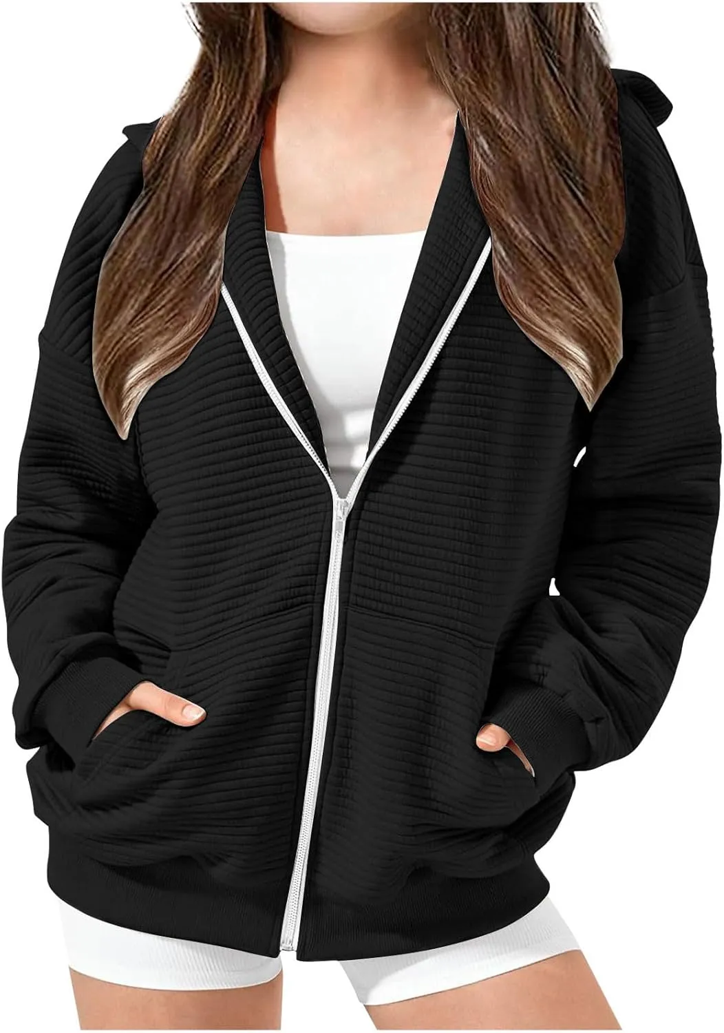ZDRZK Girls Oversized Sweatshirt Long Sleeve Full Zip Casual Hooded Sweatshirts Fashion Teen Girl Y2K Jacket with Pockets