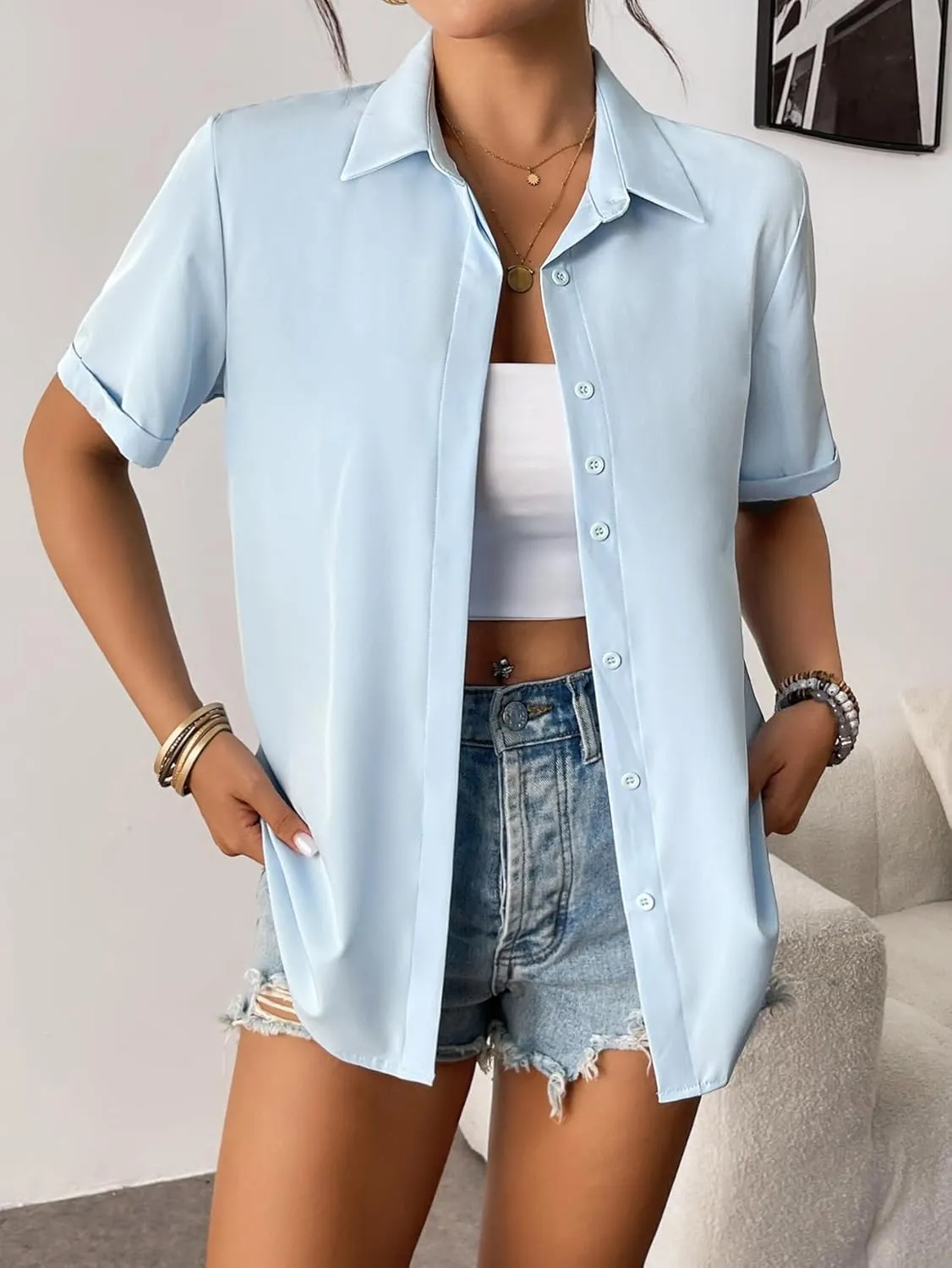 Zeagoo Womens Button Down Shirts Rolled Cuffed Short Sleeve Shirt Cute Collared Summer Casual Work Blouse