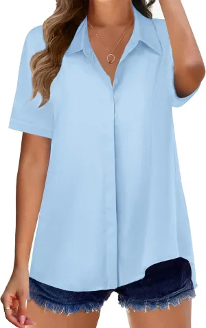 Zeagoo Womens Button Down Shirts Rolled Cuffed Short Sleeve Shirt Cute Collared Summer Casual Work Blouse